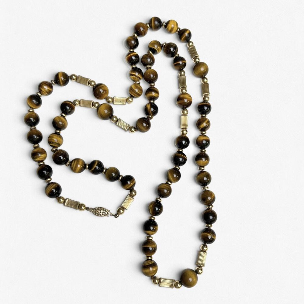 Tigers Eye Beaded Necklace Vintage Gold Tone Fluted Tube Spacers Retro 70s Boho - Picture 2 of 11